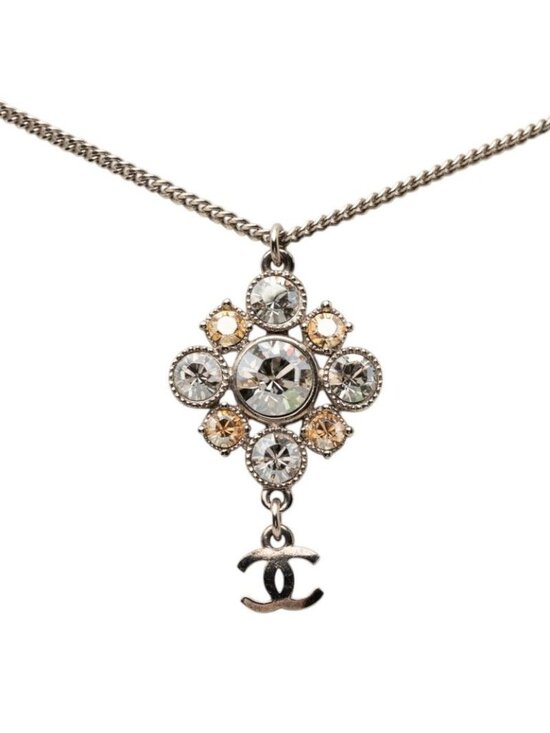 Chanel Silver Crystal CC Pendant Necklace 2019 Collection Chanel CC Logo Chain Pendant Necklace Silver Metal Line Stone